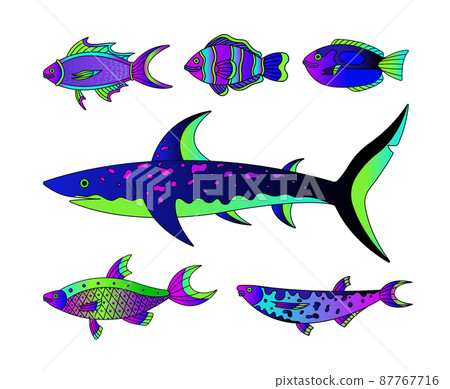 Vector collection of illustration of sea and water fishes. Modern templates with neon and outline elements. Vector collection of illustration of sea and water fishes. Modern templates with neon and outline elements. 87767716