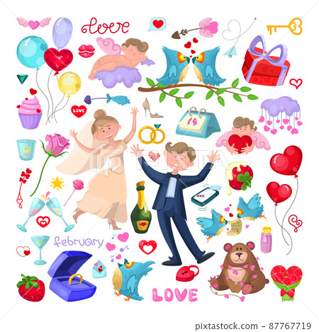 Collection of colorful illustrations for Valentine's Day. 87767719
