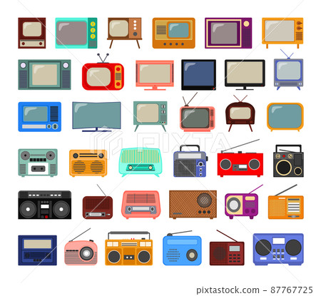 Collection of retro televisions and radios in flat style. 87767725