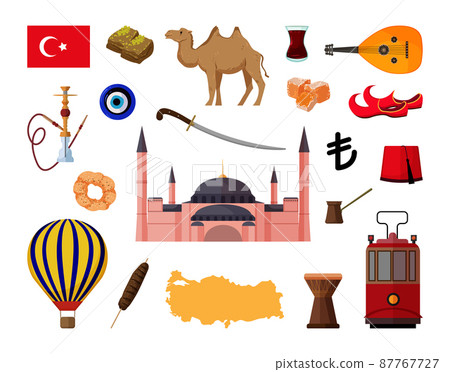 Vector objects associated with Turkey. Illustrations of Turkish landmarks in modern flat style. Vector objects associated with Turkey. Illustrations of Turkish landmarks in modern flat style. 87767727