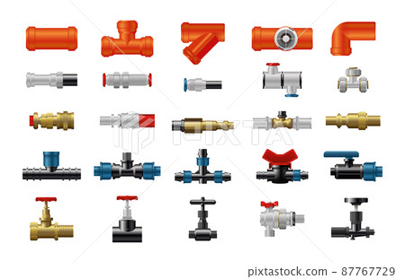 Collection of valves and fittings for gas and water pipes. Plumbing equipment. Realistic detailed style. 87767729
