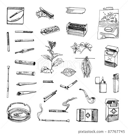 Collection of monochrome illustrations of tobacco in sketch style. Hand drawings in art ink style. Black and white graphics. 87767745