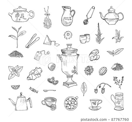 Collection of monochrome illustrations of tea drinking in sketch style. Hand drawings in art ink style. Black and white graphics. 87767760