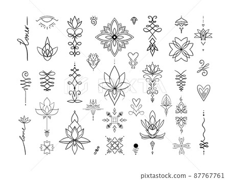 A set of tattoos and patterns for creative projects and designs. 87767761