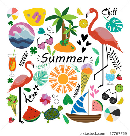Set of illustrations for summer, holidays and the sea. Flat style stickers. 87767769