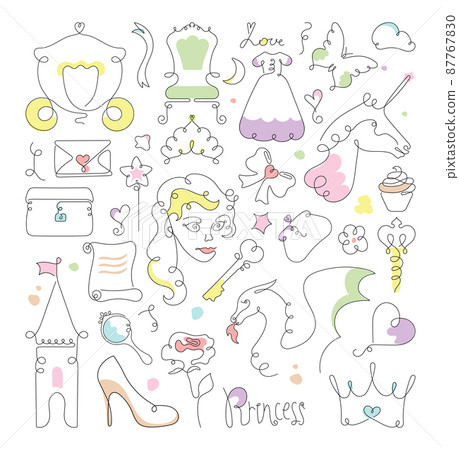 Collection of one line drawings. Linear illustrations on the theme of princesses and fairy tales. Collection of one line drawings. Linear illustrations on the theme of princesses and fairy tales. 87767830