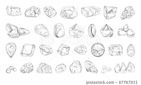 Collection of monochrome illustrations of precious and ordinary stones in sketch style. Hand drawings in art ink style. Black and white graphics. Collection of monochrome illustrations of precious and ordinary stones in sketch style. Hand drawings in art ink style. Black and white graphics. 87767831