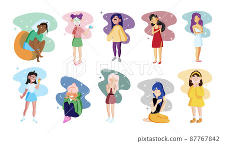 Collection of isolated illustrations with girls caring for face and hair. Removing blackheads, applying a mask, washing hair, make-up. 87767842