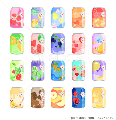 Collection of sweet drinks in cans. Soda with various flavors. 87767849