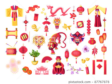 Collection of colorful detailed illustrations with Chinese New Year celebration items. Illustrations associated with Chinese culture and traditions. Collection of colorful detailed illustrations with Chinese New Year celebration items. Illustrations associated with Chinese culture and traditions. 87767878