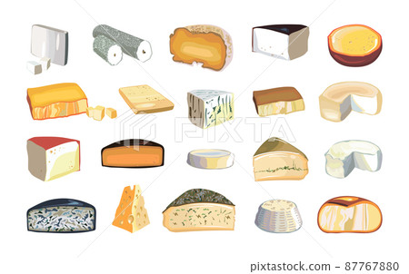 Collection of types of cheeses in a realistic style. Collection of types of cheeses in a realistic style. 87767880