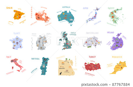 Collection of maps of countries with main attractions in flat style. 87767884