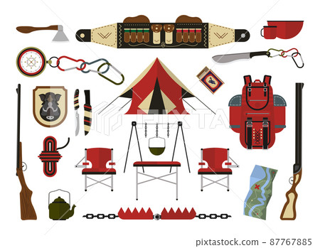 Collection of illustrations on the theme of hunting in a flat style. 87767885