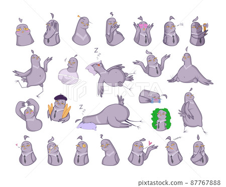 Collection of funny illustrations with a pigeon character. Stickers for messenger. 87767888