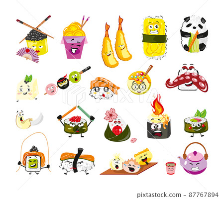 Collection of Asian snack characters. Illustrations of Asian food in flat style. Collection of Asian snack characters. Illustrations of Asian food in flat style. 87767894