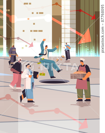collapse of economy concept people of different occupations falling into open manholes world financial crisis bankruptcy 87768095