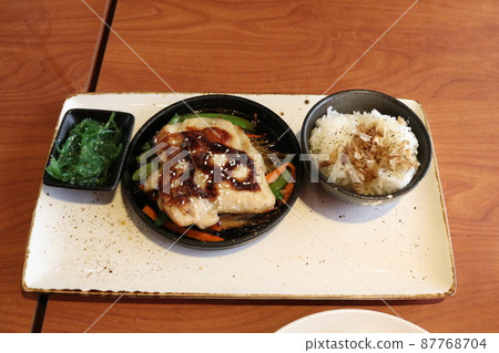Japanese meal set, terriyaki chicken grilled and vegetable roasted. Japanese meal set, terriyaki chicken grilled and vegetable roasted. 87768704