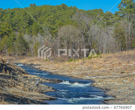 Mountain Fork River winding through Beavers Bend State Park in Broken Bow, Oklahoma  87768907