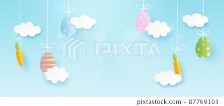 Happy Easter background.Paper art of easter eggs and carrot hanging on cloud with blue sky background.Banner template mockup design.Vector illustration. Happy Easter background.Paper art of easter eggs and carrot hanging on cloud with blue sky background.Banner template mockup design.Vector illustration. 87769103