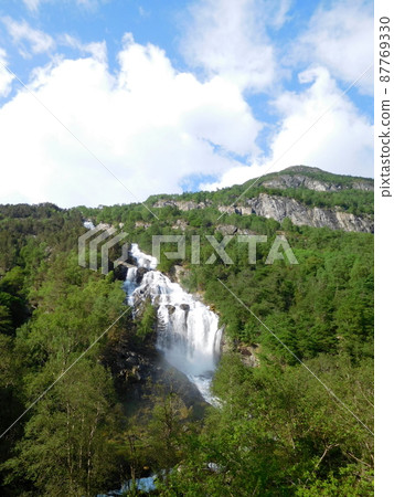 Waterfall near Stave Church in Borgund, Norway Waterfall near Stave Church in Borgund, Norway 87769330