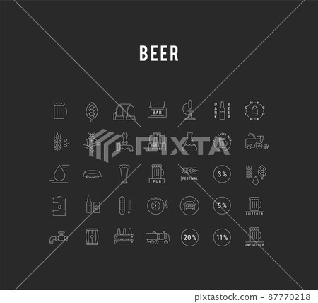 Set vector line icons with open path beer, bottle, glass, mug and pub logo with elements for mobile concepts and web apps. Collection modern infographic logo and pictogram. 87770218