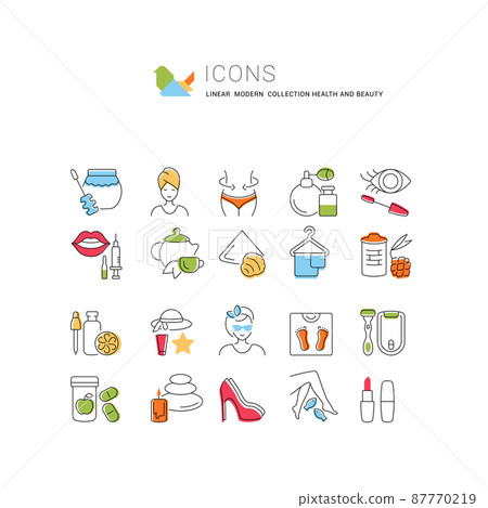 Set of vector line icons, sign and symbols of beauty and health for modern concepts, web and apps. Collection of infographics elements, logos and pictograms. Set of vector line icons, sign and symbols of beauty and health for modern concepts, web and apps. Collection of infographics elements, logos and pictograms. 87770219