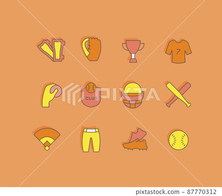 Collection simple icons of baseball on an orange background. Modern color signs for websites, mobile apps, and concepts Collection simple icons of baseball on an orange background. Modern color signs for websites, mobile apps, and concepts 87770312