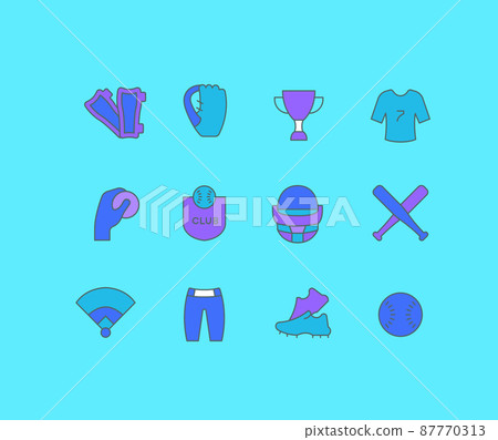 Collection simple icons of baseball on a blue background. Modern color signs for websites, mobile apps, and concepts Collection simple icons of baseball on a blue background. Modern color signs for websites, mobile apps, and concepts 87770313