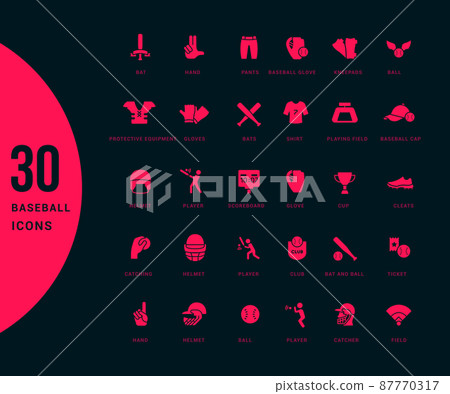 Collection simple icons of baseball on a black background. Modern red signs for websites, mobile apps, and concepts Collection simple icons of baseball on a black background. Modern red signs for websites, mobile apps, and concepts 87770317