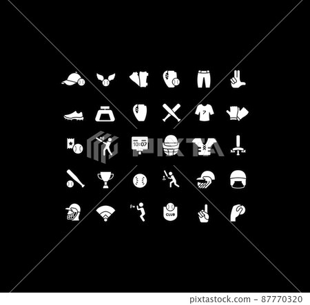 Collection simple icons of baseball on a black background. Modern white signs for websites, mobile apps, and concepts Collection simple icons of baseball on a black background. Modern white signs for websites, mobile apps, and concepts 87770320