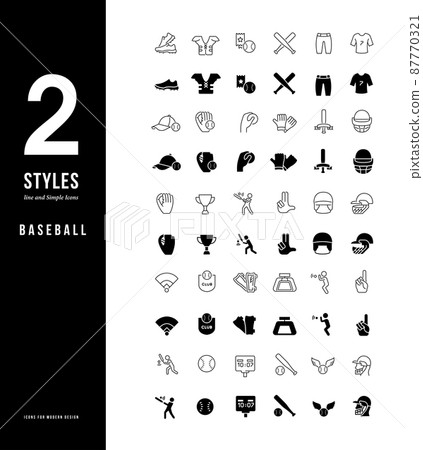 Collection simple and linear icons of baseball on a white background. Modern black and white signs for websites, mobile apps, and concepts Collection simple and linear icons of baseball on a white background. Modern black and white signs for websites, mobile apps, and concepts 87770321