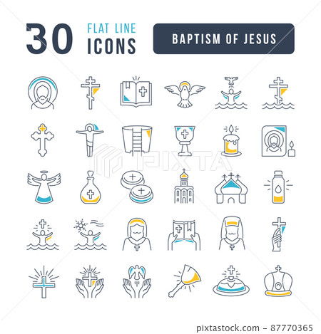 Baptism of Jesus. Collection of perfectly thin icons for web design, app, and the most modern projects. The kit of signs for category Holidays. Baptism of Jesus. Collection of perfectly thin icons for web design, app, and the most modern projects. The kit of signs for category Holidays. 87770365