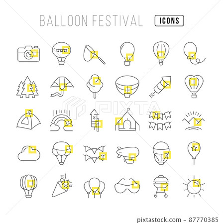 Set vector line thin icons of balloon festival in linear design for mobile concepts and web apps. Collection modern infographic pictogram and signs. Set vector line thin icons of balloon festival in linear design for mobile concepts and web apps. Collection modern infographic pictogram and signs. 87770385