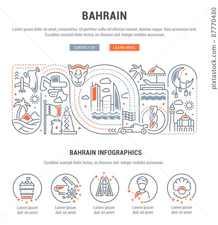 Linear banner of Bahrain. Attractions in the country. Icons for websites and applications. Linear banner of Bahrain. Attractions in the country. Icons for websites and applications. 87770480