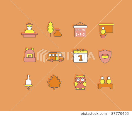 Collection simple icons of back to school on an orange background. Modern color signs for websites, mobile apps, and concepts Collection simple icons of back to school on an orange background. Modern color signs for websites, mobile apps, and concepts 87770493
