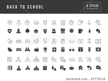 Back to School. Collection of perfectly simple monochrome icons for web design, app, and the most modern projects. Universal pack of classical signs for category Holidays. 87770516