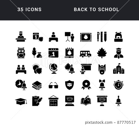 Back to School. Collection of perfectly simple monochrome icons for web design, app, and the most modern projects. Universal pack of classical signs for category Holidays. Back to School. Collection of perfectly simple monochrome icons for web design, app, and the most modern projects. Universal pack of classical signs for category Holidays. 87770517