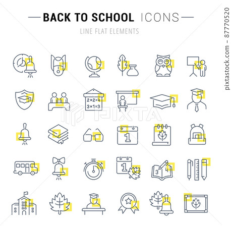 Set of vector line icons and signs with yellow squares of back to school for excellent concepts. Set of vector line icons and signs with yellow squares of back to school for excellent concepts. 87770520