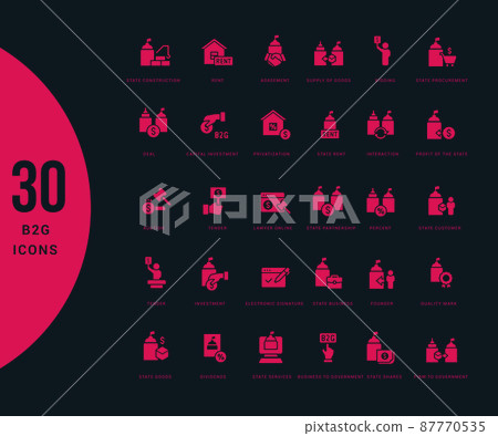Collection simple icons of b2g on a black background. Modern red signs for websites, mobile apps, and concepts Collection simple icons of b2g on a black background. Modern red signs for websites, mobile apps, and concepts 87770535