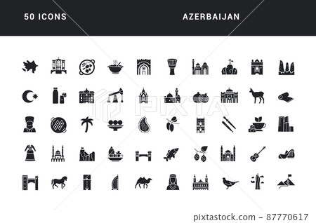 Azerbaijan. Collection of perfectly simple monochrome icons for web design, app, and the most modern projects. Universal pack of classical signs for category Countries and Cities. 87770617