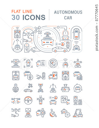 Set of vector line icons, sign and symbols with flat elements of autonomous car for modern concepts, web and apps. Collection of infographics logos and pictograms. Set of vector line icons, sign and symbols with flat elements of autonomous car for modern concepts, web and apps. Collection of infographics logos and pictograms. 87770645
