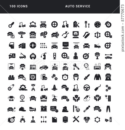 Auto Service. Collection of perfectly simple monochrome icons for web design, app, and the most modern projects. Universal pack of classical signs for category Transport. 87770673