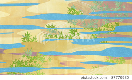 Japanese painting blue autumn leaves Japanese modern gold cloud blue [16: 9] 87770980