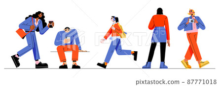 Different people walk, take photo, stand with back 87771018