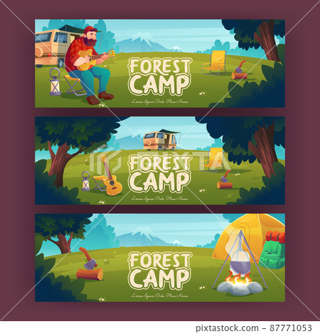 Forest camp posters with tent, bonfire and man - Stock Illustration ...