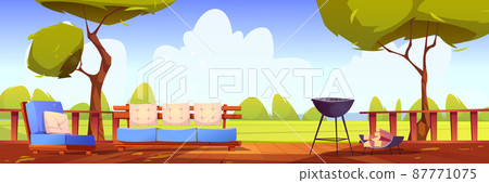 Outdoor home terrace, wooden patio with bbq, logs 87771075