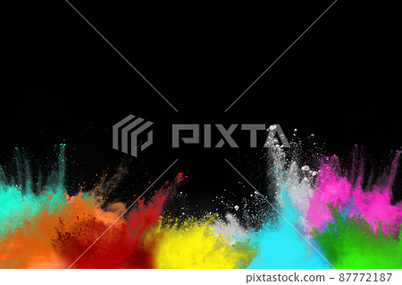 abstract colored dust explosion on a black background.abstract powder splatted background,Freeze motion of color powder exploding/throwing color powder, multicolored glitter texture. 87772187