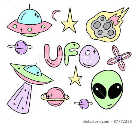 Vector Collection of ufo, aliens and space objects drawn in flat style. Vector Collection of ufo, aliens and space objects drawn in flat style. 87772258