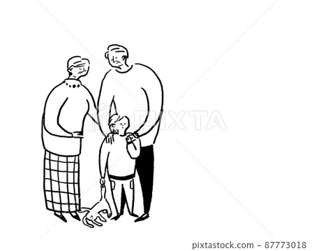 Senior men and women sad with small children, grandchildren and grandparents, line drawing (horizontal, left arrangement) 87773018