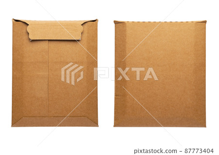 Brown envelope front and back isolated on white background. Letter top view. Brown envelope front and back isolated on white background. Letter top view. 87773404